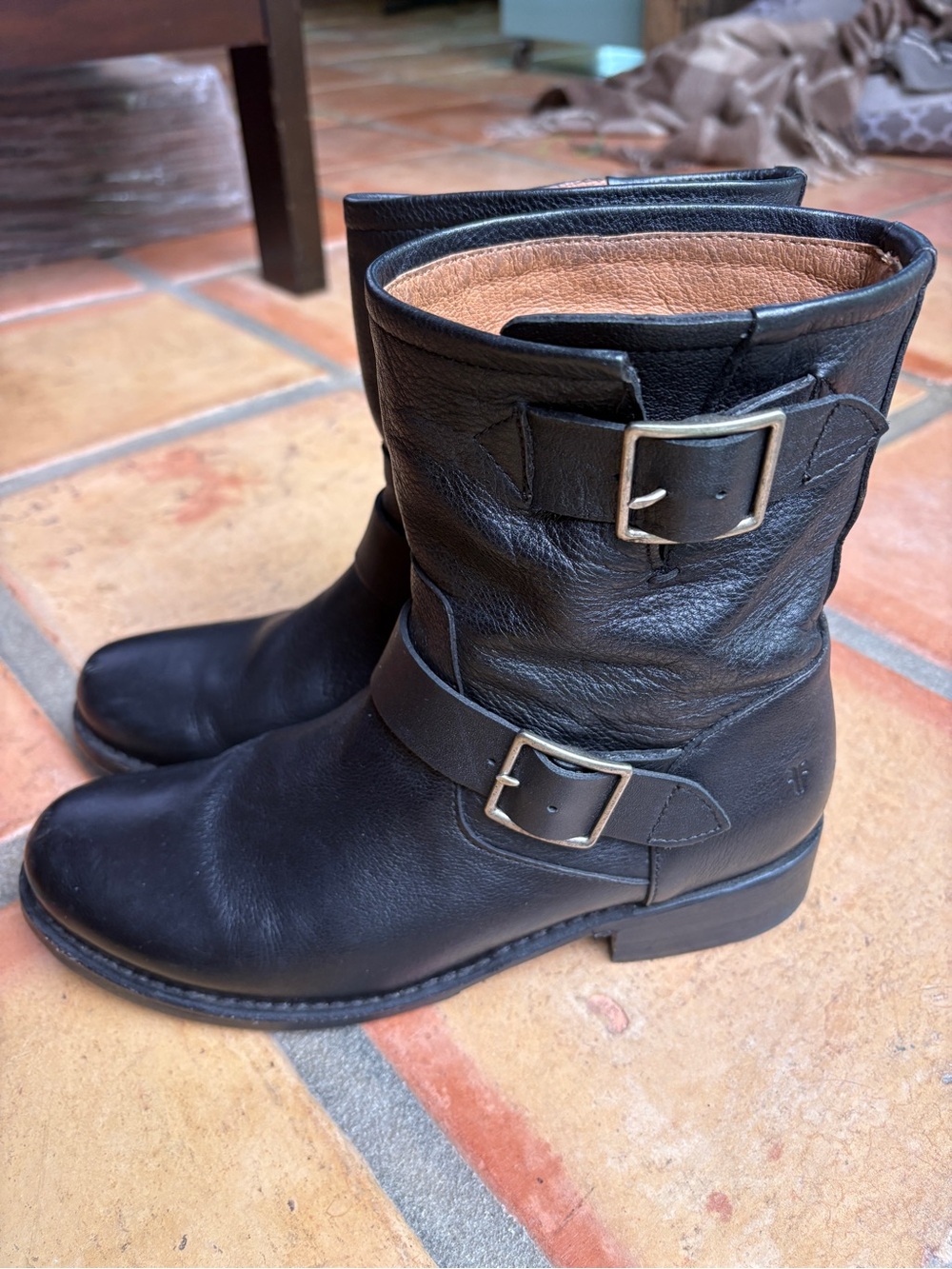 Frye Black Leather Double-Buckle Moto Boots, Size 8 - Picture 2 of 9